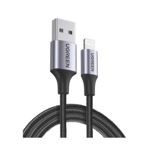 60156-l Cable USB-A a Lightning, 1 metro, certificado MFi, carga rápida 5V/2.4A, conector C94, caja de aluminio, nylon trenzado, color negro.