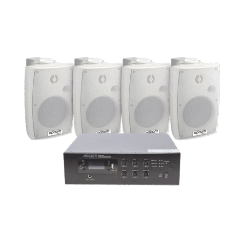 SFB120_4WSW-l KIT de amplificador de 120W para escritorio, 4 altavoces de pared color blanco 2.5W - 20W, sistema 70/100V